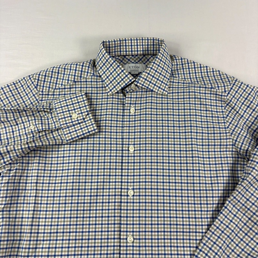 Eton Shirt Mens Medium Plaid Contemporary Button Up Cotton Linen Blend - Picture 1 of 9